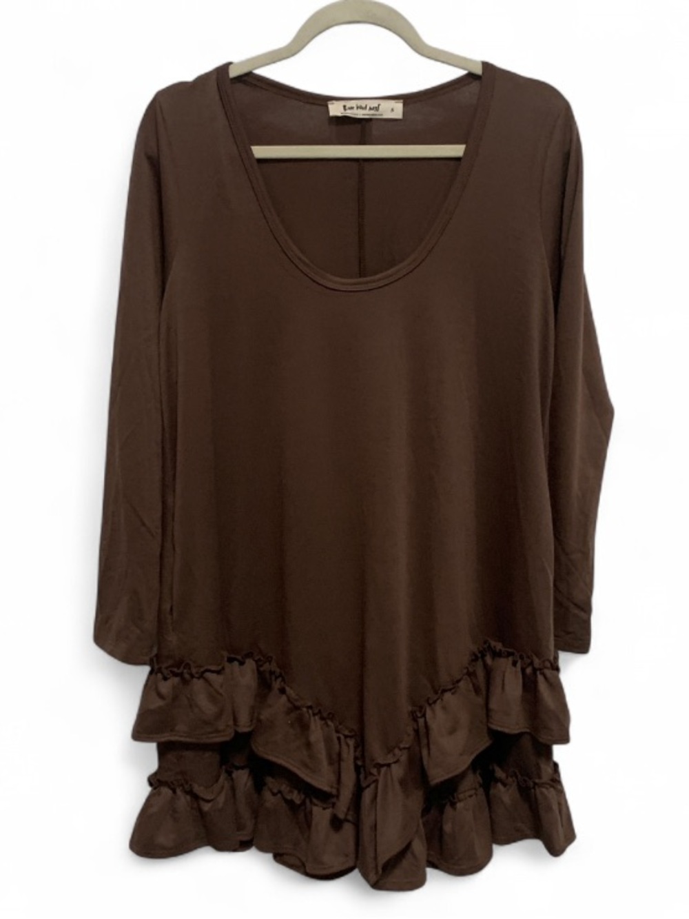 Three Bird Nest Brown Ruffle-Hem Scoop-Neck Long Sleeve Mini Dress